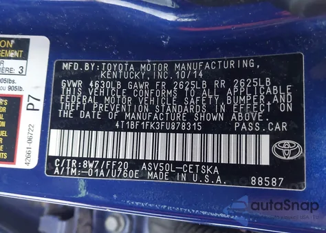 2015 Toyota Camry Se z USA, uszkodzony, nr VIN 4T1BF1FK3FU878315